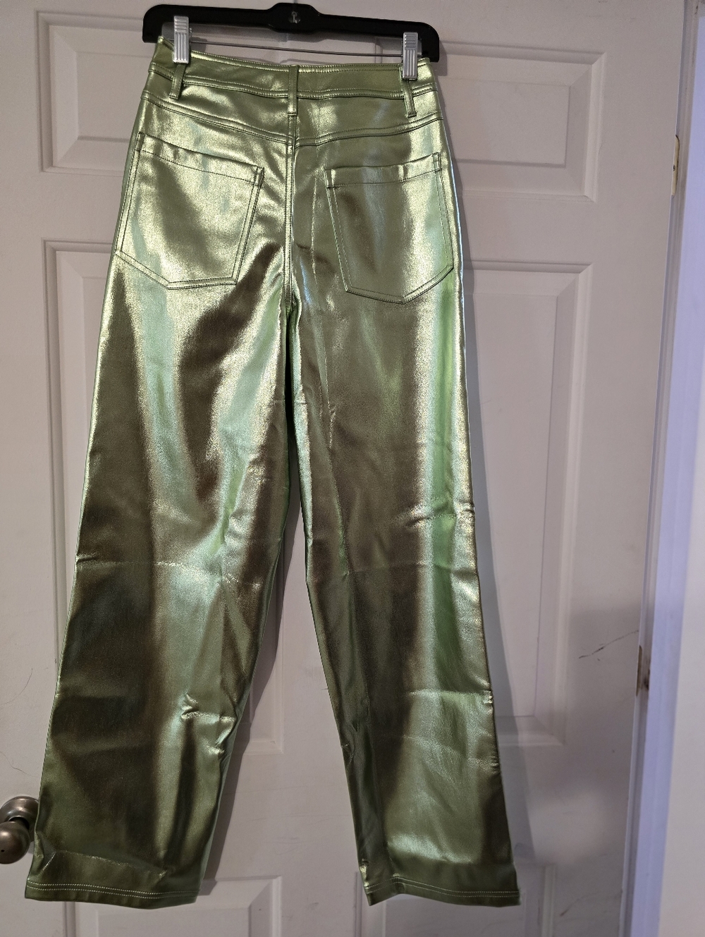 Topshop Metallic Green High-Waist Straight Leg Pants - Picture 3 of 4